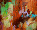 Suzanne Oldham, Texas artist, woods, forest, cedars, trees, abstract, birds, crows, ravens, avian, environmental theme, nature, greenery, brown,
wildlife, natural world,  landscape, acrylic painting, earth tones - Allegorical Painting
