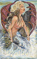 Oddysian Siren Odyssian Siren, nude mermaid sitting on her tail perched in the ocean surf. (thumbnail)