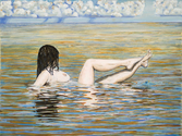 Nude in Ocean Oil painting of nude, large breasted, dark-haired woman bather in colorful Florida ocean setting with thunderstorms on the horizon. (thumbnail)