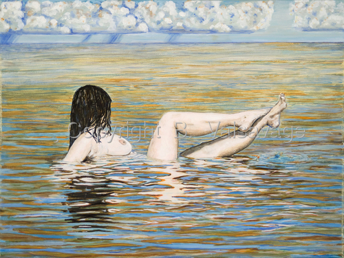 Oil painting of nude, large breasted, dark-haired woman bather in colorful Florida ocean setting with thunderstorms on the horizon. (large view)