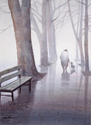 T. C. Chiu - Man Walking Dog in the Rain - Original Watercolor Painting by T.C.Chiu