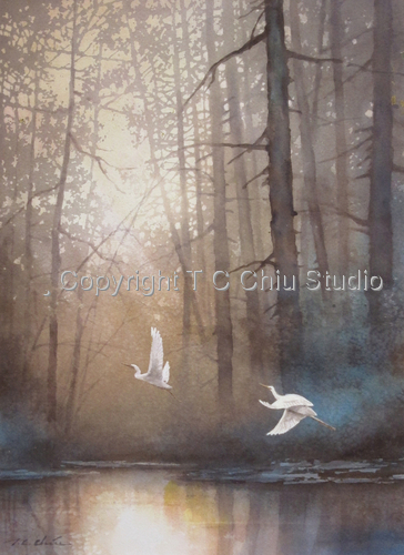 Egrets%20Flying%20in%20Sunset%20-%20Original%20watercolor%20painting%20by%20T.C.Chiu (large view)