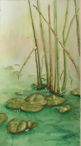 Painting-Watercolor-Waterlillies, Cattails and the October Sky (Available at River's End Gallery)