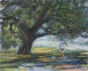 painting of a man in Florida under a live oak walking his dog (thumbnail)