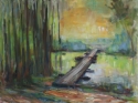 Impressionistic painting of a footbridge over a Florida Cypress swamp (thumbnail)