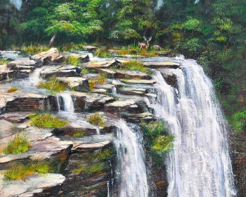 Painting-Acrylic-DEER ACROSS THE FALLS