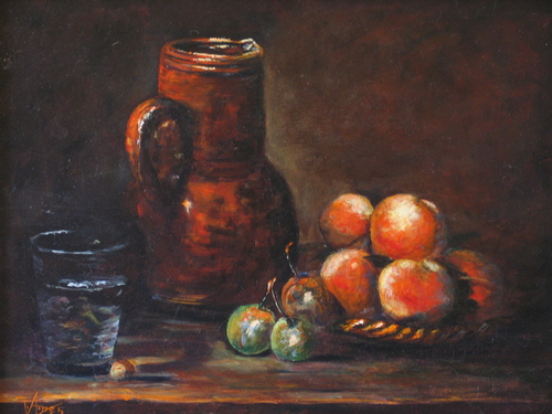 Painting-Acrylic-WATER, PITCHER AND FRUIT