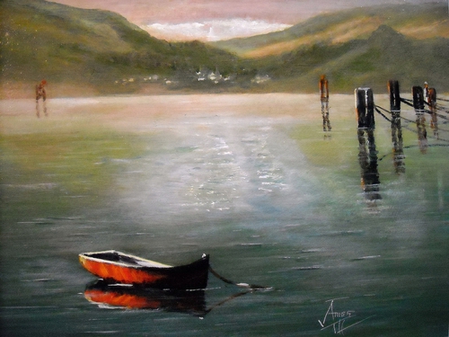 Painting-Acrylic-Red Boat on Water