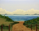 A sandy beach path lined by wooden stakes protecting the beach vegetation with the cloud covered Channel Islands in the background across the calm blue sea.sea (thumbnail)