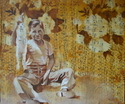 boy, rabbit, bunny, ears, sheet, music, pattern, floral, stencil, dots, honeycomb, 1930's, monochromatic - Portrait Painting