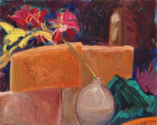 Painting-Still Life-Flowers and Bricks