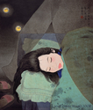 firefly, dream, chinese, ink painting, asian, girl, sleeping, tranquil, serene, calm, glow, hair, traditional, figurative, slippers, pillow, Giclee, print, night - Figurative Print Making