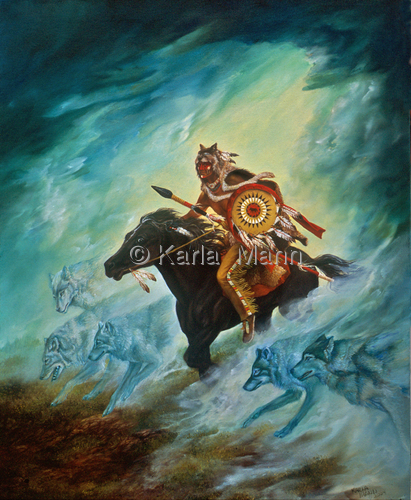 Painting-Southwestern-Riding With Wolves
