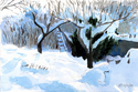 Painting--Watercolor-LandscapeApples Trees and Snow